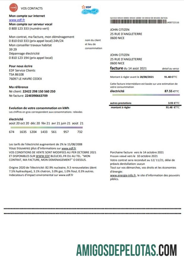 imprimível Modelo de comprovante de endereço da França EDF para conta de serviços públicos em formato Word e PDF